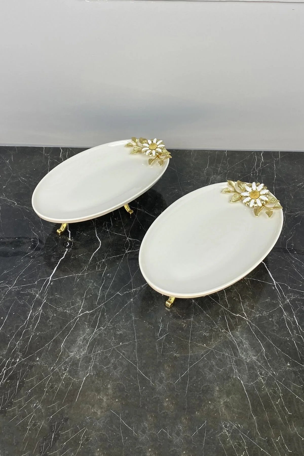 Papatya 2'li Oval Porselen Sunumluk Tabak & Ayaklı Tabak