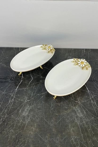 Papatya 2'li Oval Porselen Sunumluk Tabak & Ayaklı Tabak