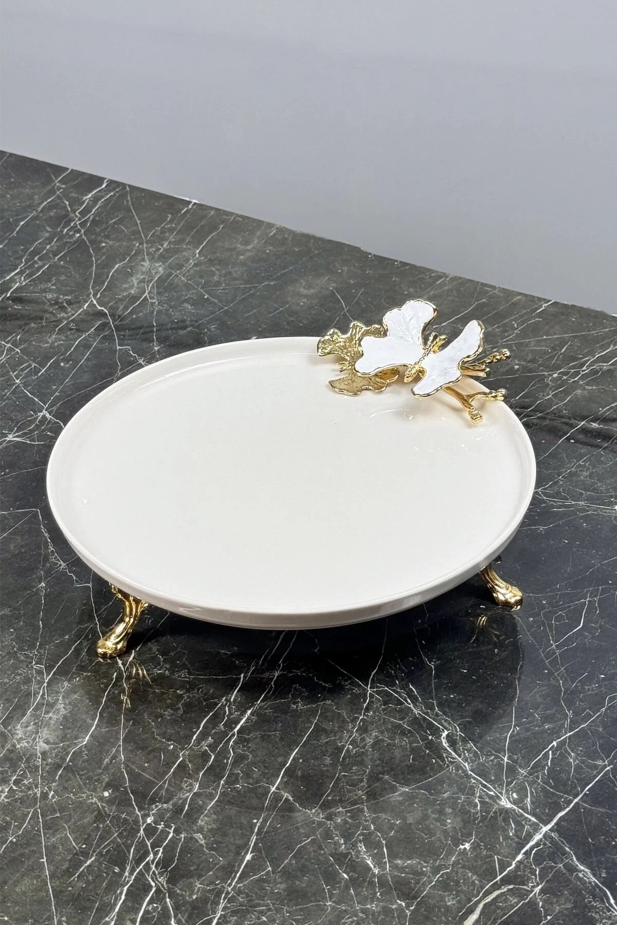 White Butterfly 2'Li Gold Ayaklı Porselen Tabak Seti