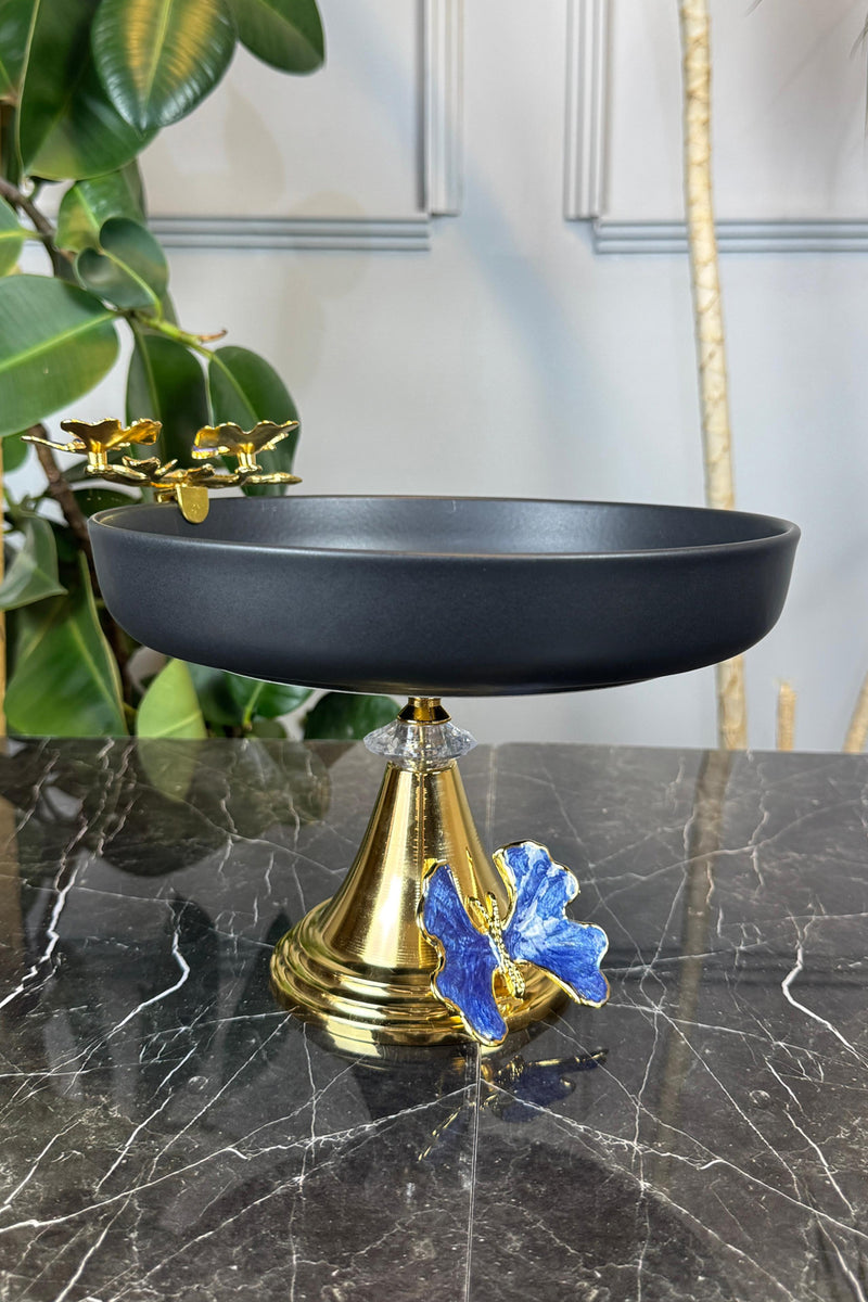 Porselen Metal Hun Ayaklı Blue Butterfly Detaylı Sunum Kasesi