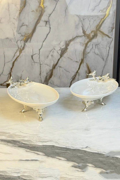 2'Li Oval Porselen Sunumluk Servsilik & Ayaklı Kayık Meze Tabağı