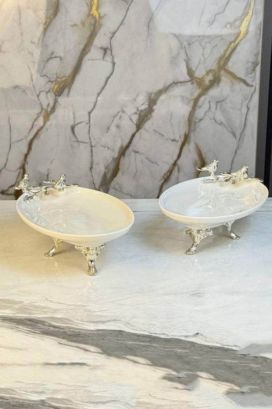 2'Li Oval Porselen Sunumluk Servsilik & Ayaklı Kayık Meze Tabağı