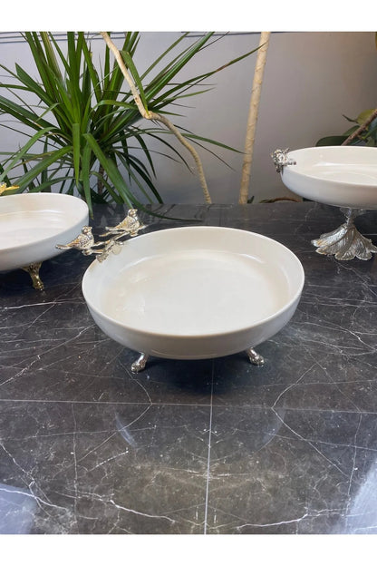 Gümüş Metal Ayaklı Porselen Salata Sunum Kasesi Tabağı & Çift Kuş Detaylı