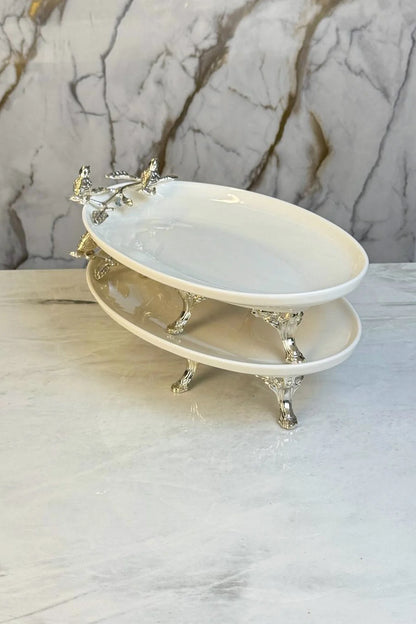 2'Li Oval Porselen Sunumluk Servsilik & Ayaklı Kayık Meze Tabağı
