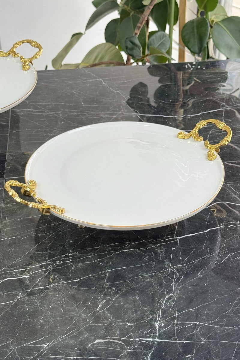 Porselen Metal Kulplu Ayaklı Sunumluk Servislik Tabak (Yaldızlı)