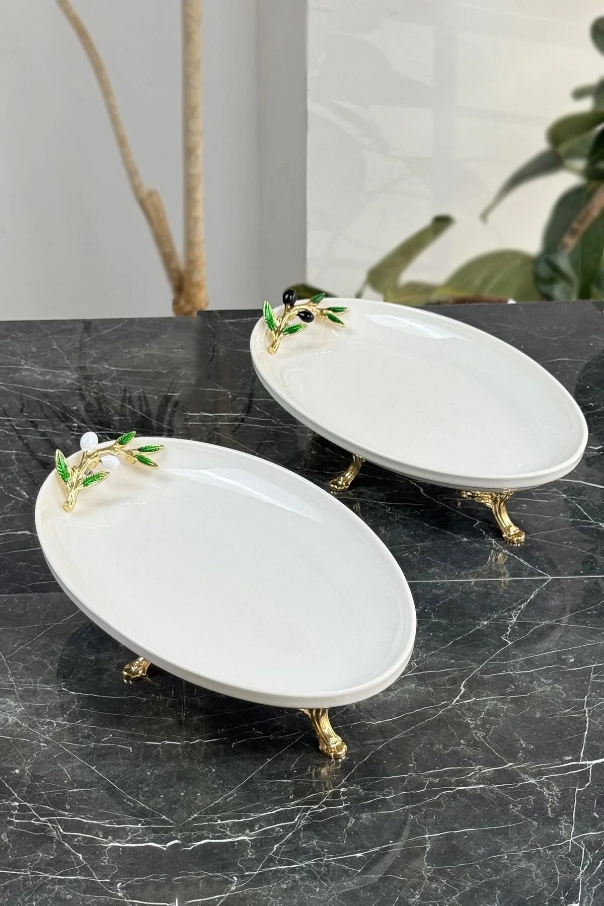 2'li Oval Porselen Sunum Tabağı Seti & Ayaklı Ikramlık Meze Tabağı