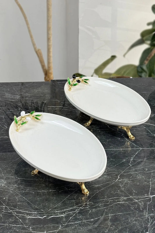 2'li Oval Porselen Sunum Tabağı Seti & Ayaklı Ikramlık Meze Tabağı