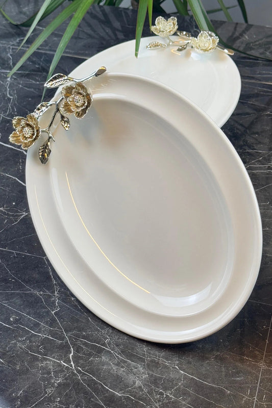 2'Li Firuze Metal Ayaklı Porselen Oval Meze Salata Tabağı