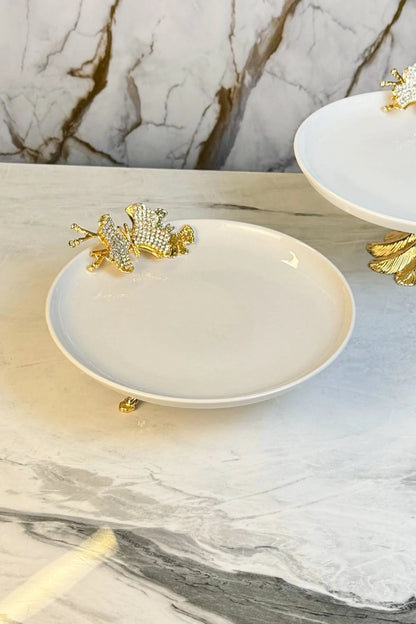 2'Li Porselen Gold Metal Ayaklı Sunumluk Servislik & Papatya Detaylı Kuabiyelik Pasta Standı