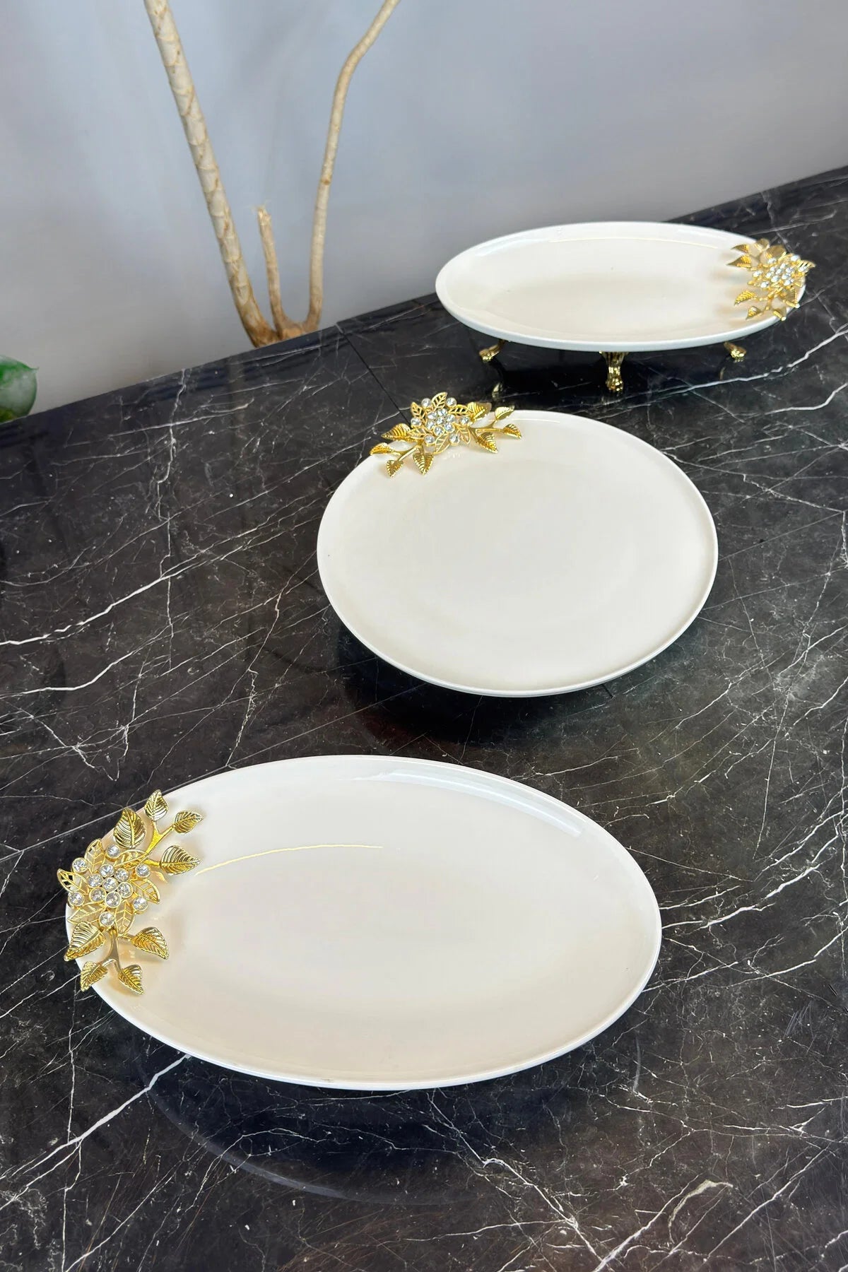 3 Parça Bron Gold Porselen Sofra Sunum Servis Seti & Yemek Tabağı Oval Meze Tabağı