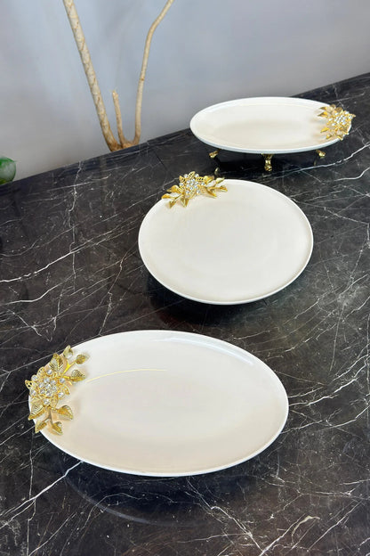 3 Parça Bron Gold Porselen Sofra Sunum Servis Seti & Yemek Tabağı Oval Meze Tabağı