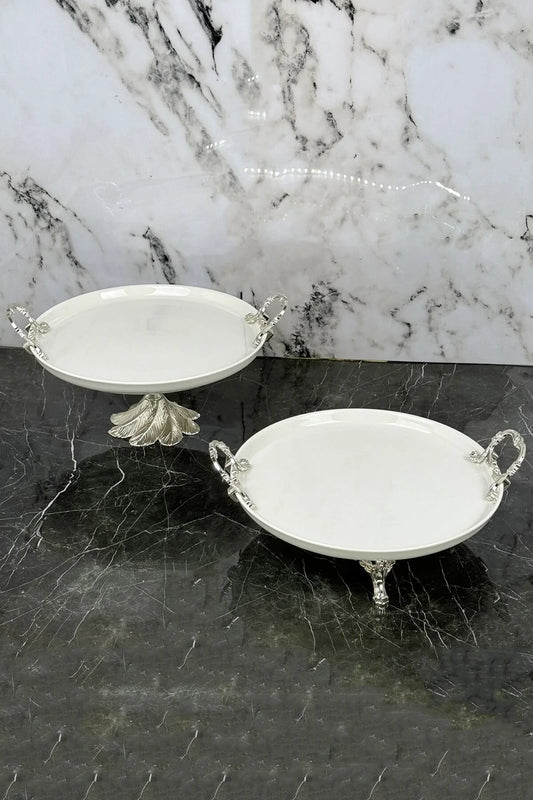 2'Li Porselen Gümüş Kand Ayaklı Sofra Sunum Seti Nur Set & Kek Pasta Yemek Servis Tabağı