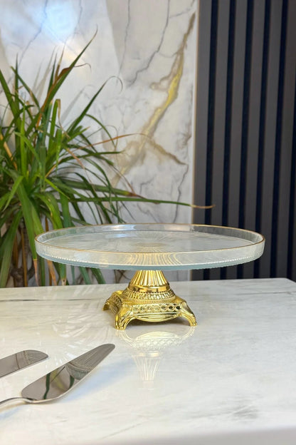 Yaldızlı Pasta Sunum Standı & Gold Ayaklı Cam Tabak (28 CM)