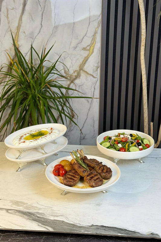 4 Parça Porselen Sunum Seti &Metal Ayaklı Kase Kayık Tabak Servis Seti