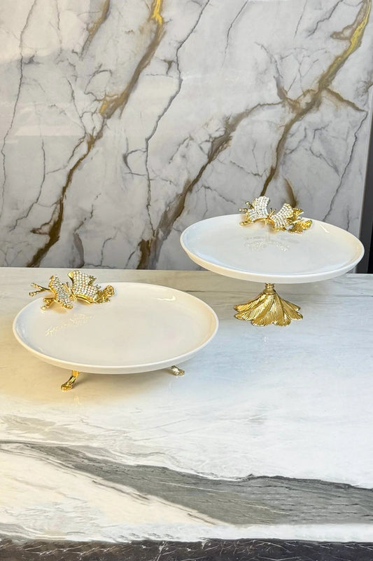 2'Li Porselen Gold Metal Ayaklı Sunumluk Servislik & Papatya Detaylı Kuabiyelik Pasta Standı