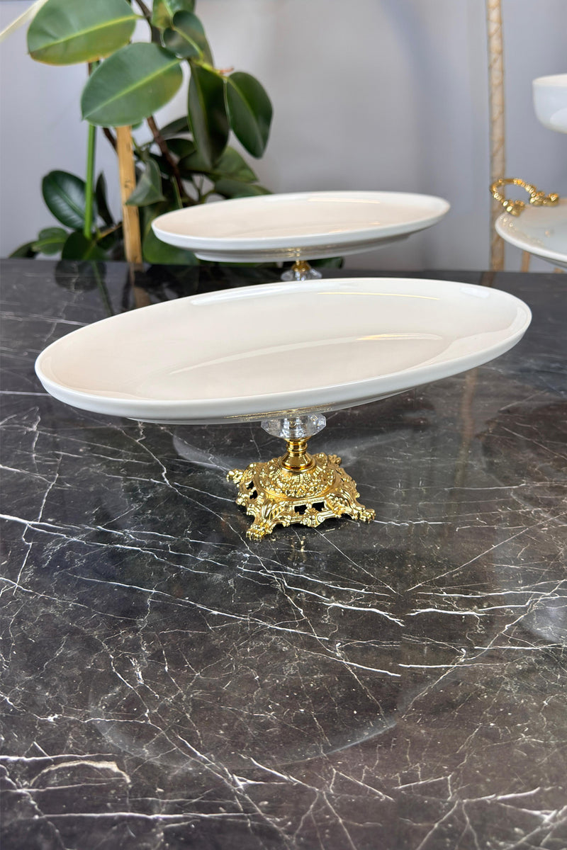Lüks Porselen Sofra Sunum Seti 1 Yuvarlak 2 Oval Gold Ayaklı Yemek Pasta Kurabiye Tabağı