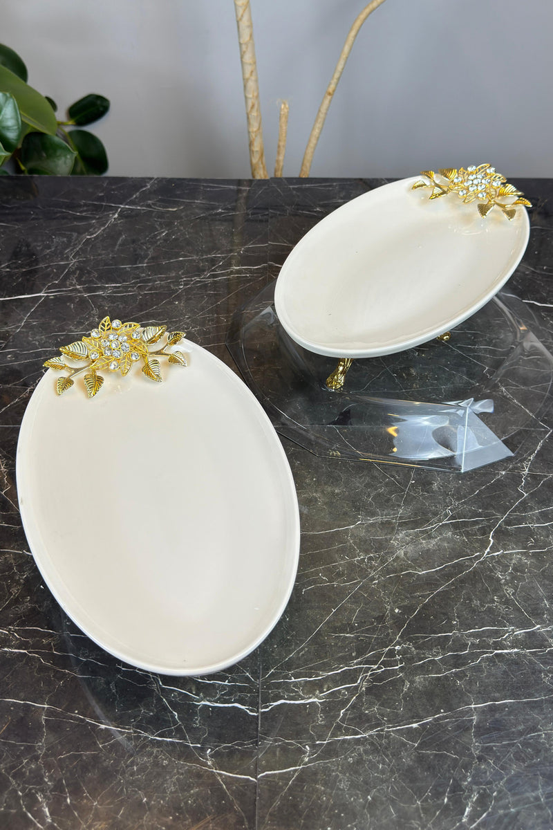 Bron 2'li Oval Porselen Sunumluk Tabak & Ayaklı Tabak