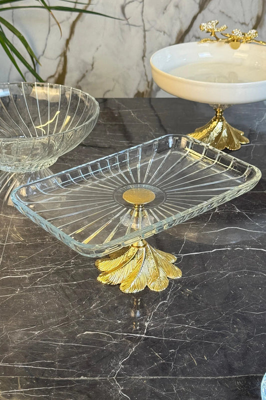 Elegant Dikdörtgen Gold Ayaklı Cam Sunumuluk & Meyve Kurabiye Kek Tabağı
