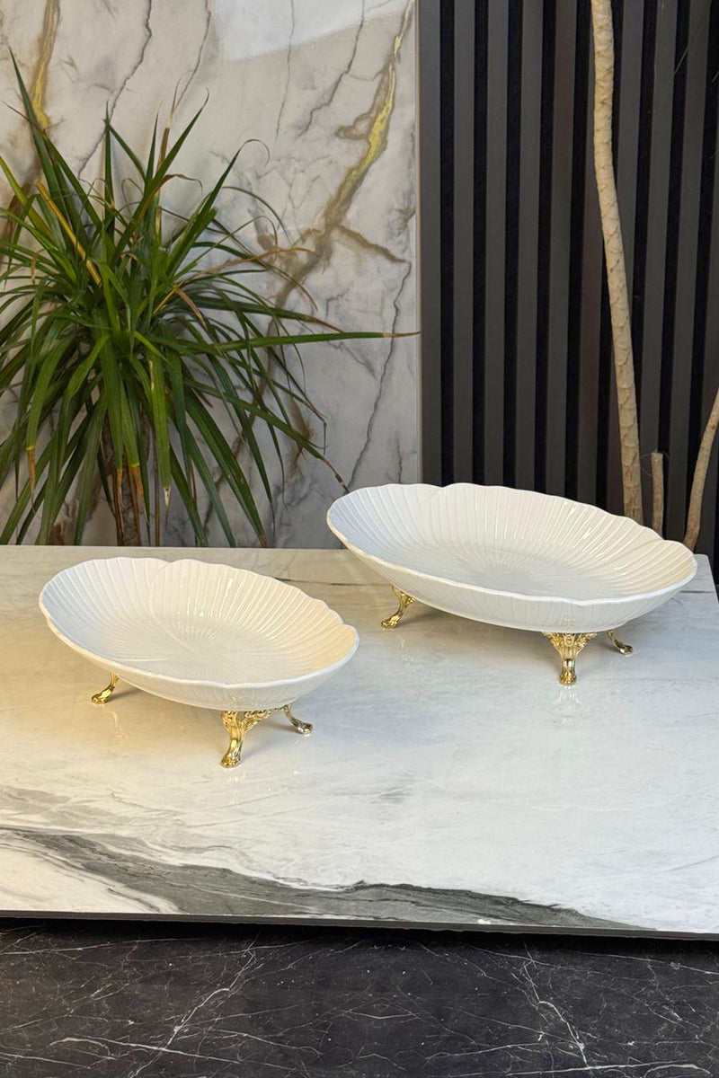 2'Li Porselen Kayık Sunum Tabağı & Metal Ayaklı Oval Meze Yemek İkramlık Servsiliği