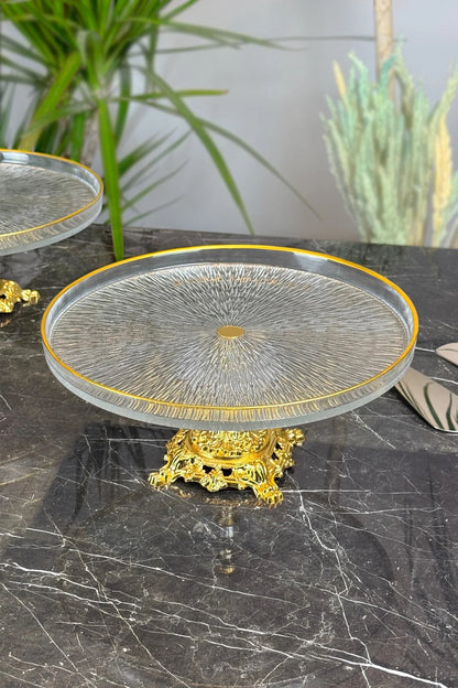 Gold Metal Ayaklı Sunumluk Servislik Tabak & Kurabiye Pasta Tatlı Yemek Sunumluğu ( 26 CM)