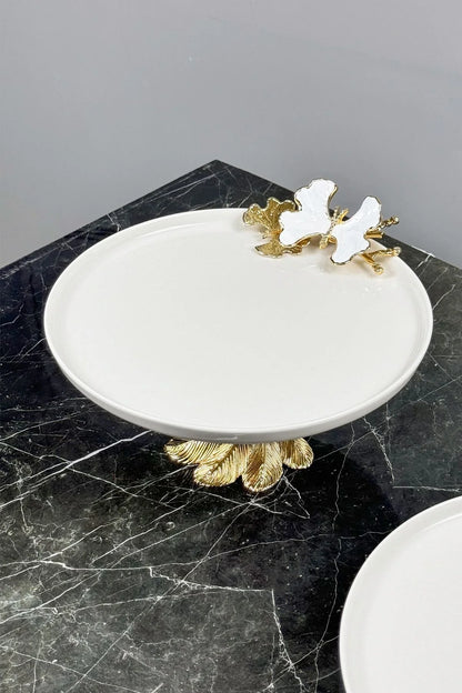 White Butterfly 2'Li Gold Ayaklı Porselen Tabak Seti