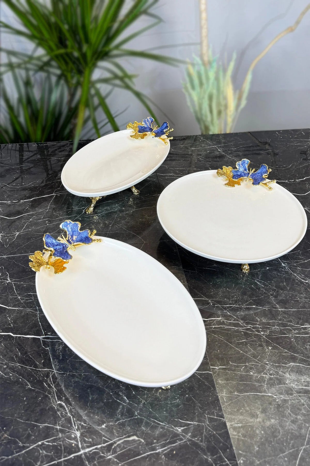 Blue Butterfly 3'Lü Sunum Servis Seti & Gold Ayaklı Kayık Yuvarlak Tabak