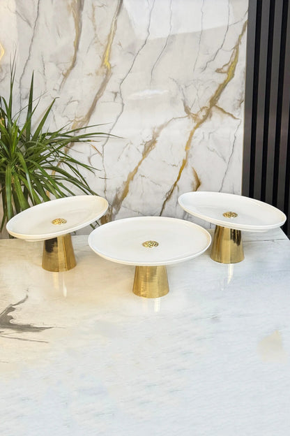 3'Lü Porselen Gold Ayaklı Tabak Kayık Seti & Salata Kek Kurabiye Sunumluğu Servisliği ( Yıkanabilir)