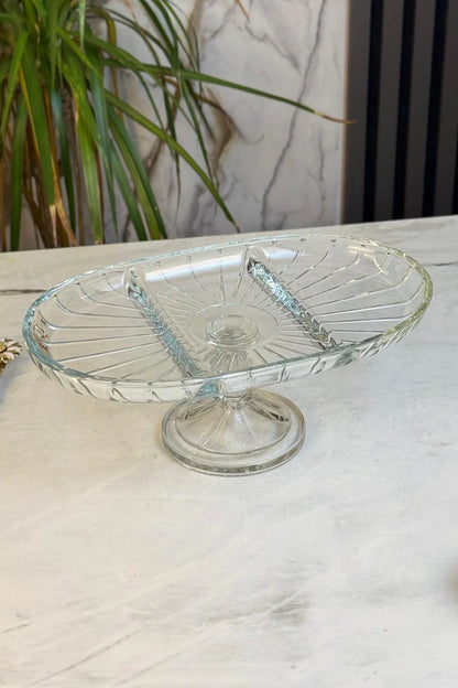 Ayaklı Cam Sunumluk Tabak& Oval Bölmeli Servislik Tabak