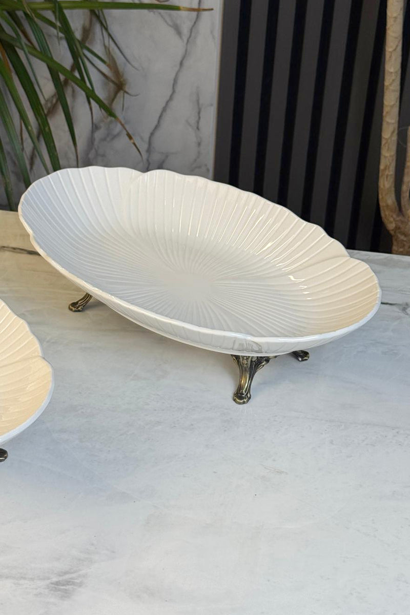 2'Li Porselen Kayık Sunum Tabağı & Metal Ayaklı Oval Meze Yemek İkramlık Servsiliği