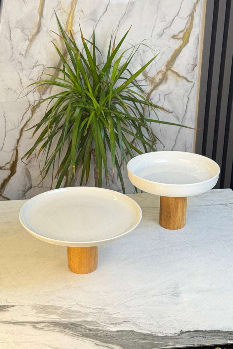 Ahşap Ayaklı Porselen Sunum Kasesi & Meyve Salata Meze Servisliği 26 CM