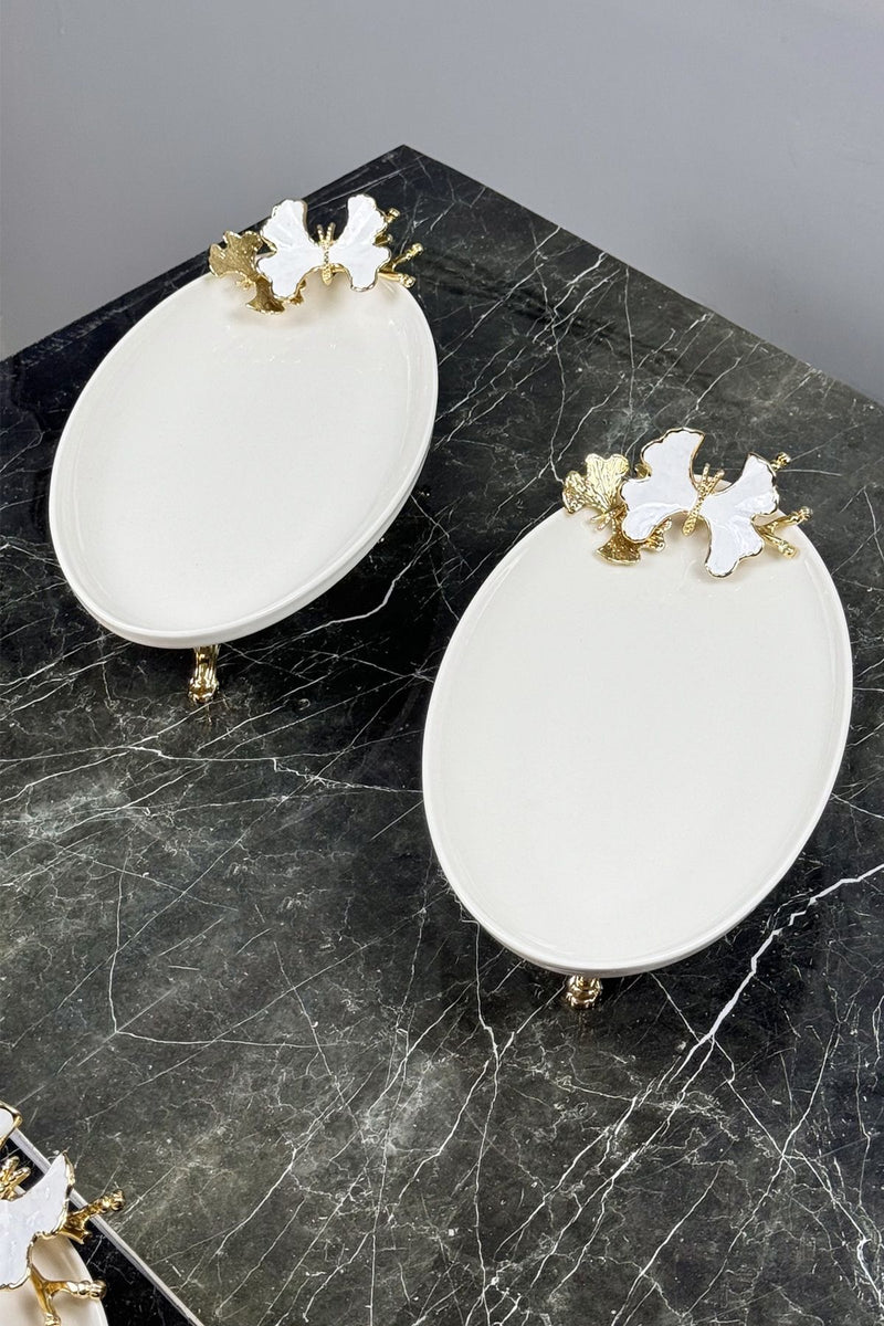 White Butterfly 2'Li Oval Sunumluk Mezelik Tabak & Gold Ayaklı Kayık Tabak
