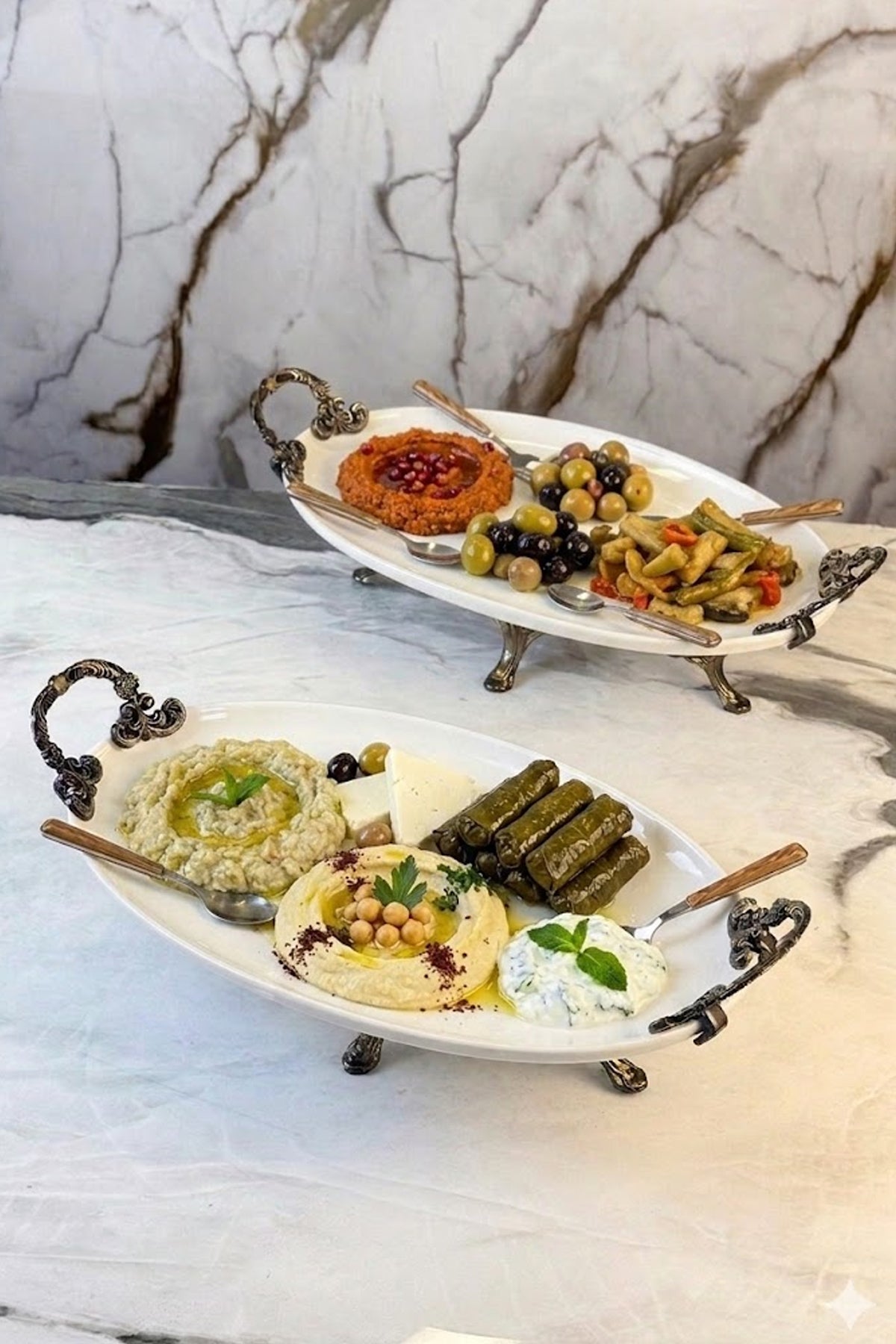 2'Li Porselen Kulplu Kayık Tabak & Oval Meze Sunumluğu Servisliği