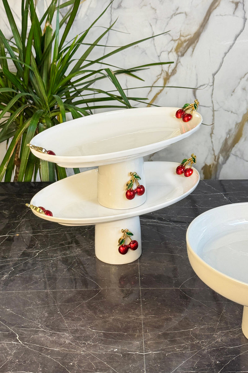 2'Li Kiraz Figürlü Kayık Porselen Ayaklı Sunum Tabağı & Salata Meze Servis Standı