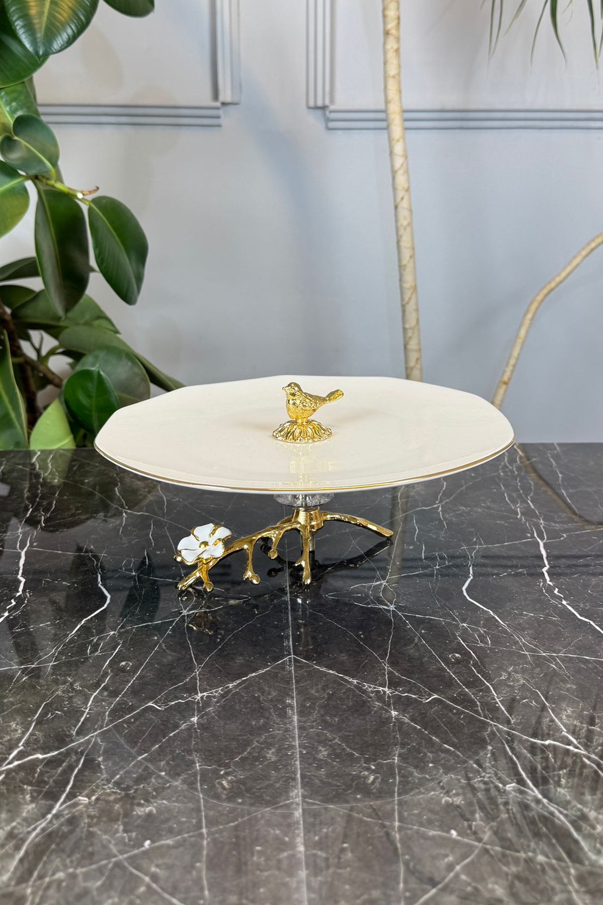 Kuş Detaylı Porselen Sunumluk Dekoratif Ayaklı Tabak & Gold Yaldızlı
