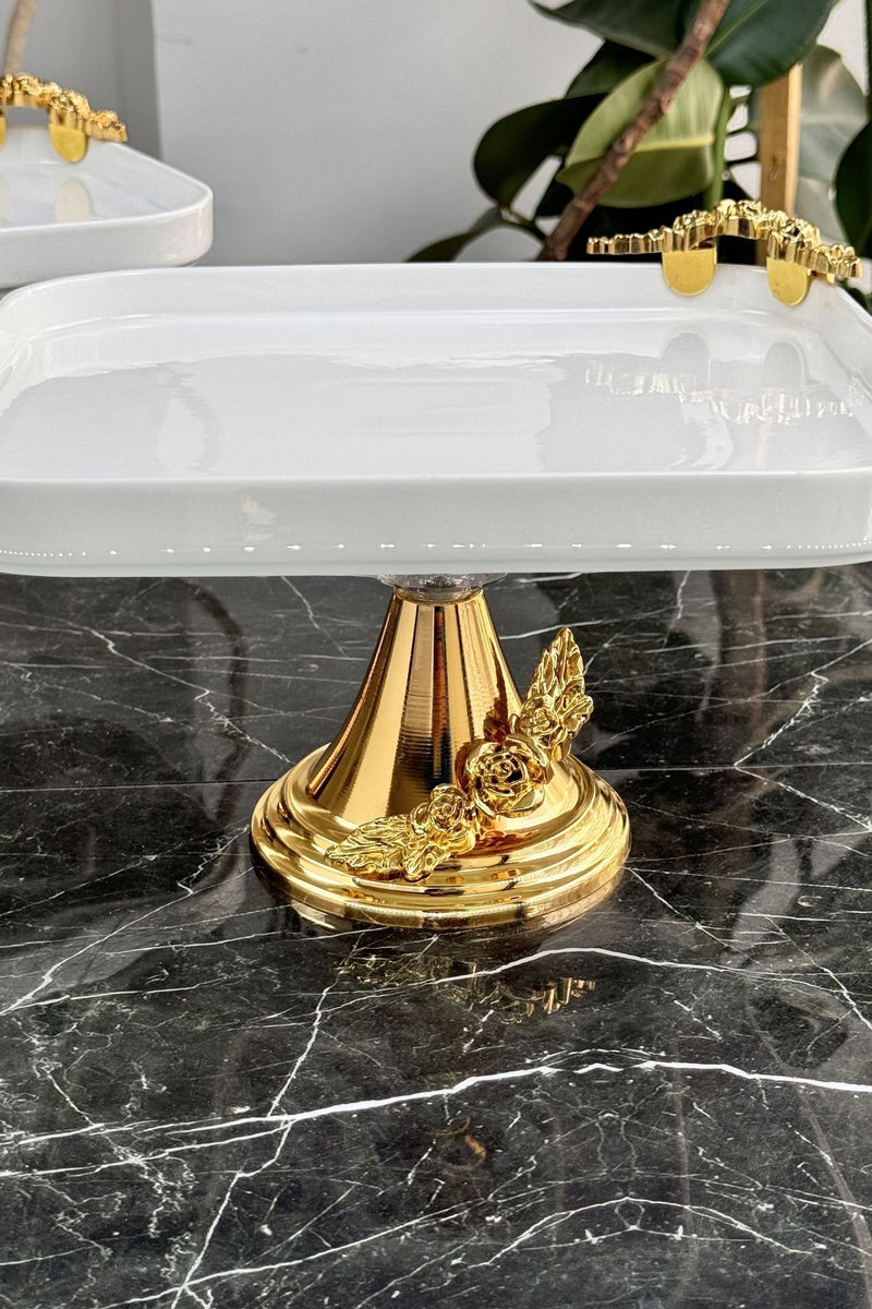 Metal Ayaklı Porselen Tabak Pasta & Kurabiye & Yemek Servis Seti Sunumluk