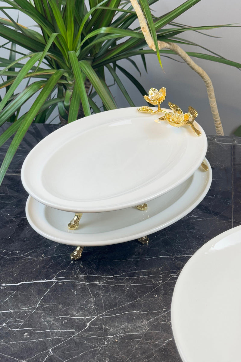 2'Li Firuze Metal Ayaklı Porselen Oval Meze Salata Tabağı