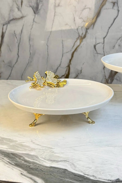 2'Li Porselen Gold Metal Ayaklı Sunumluk Servislik & Papatya Detaylı Kuabiyelik Pasta Standı