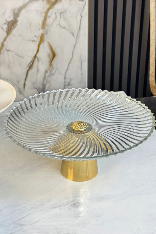 Gold Metal Ayaklı Cam Tabak & Kurabiye Kek Pasta Servisliği Sunumluğu (YIKANABİLİR)