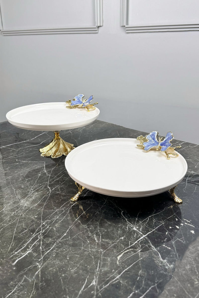 Blue Butterfly 2'Li Gold Ayaklı Porselen Tabak Seti