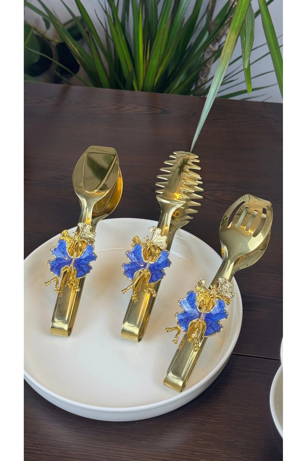 3’Lü Gold Maşa Servis Seti Blue Butterfly
