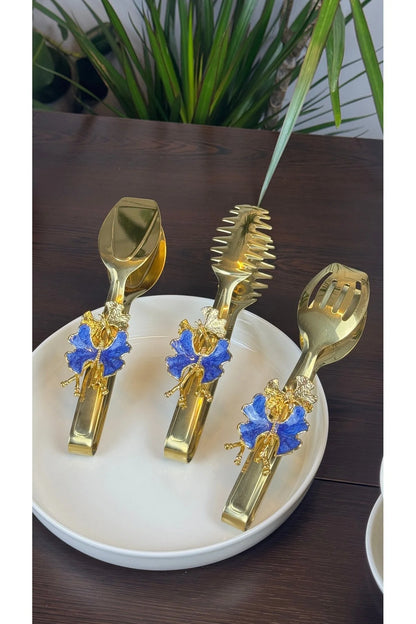 3’Lü Gold Maşa Servis Seti Blue Butterfly