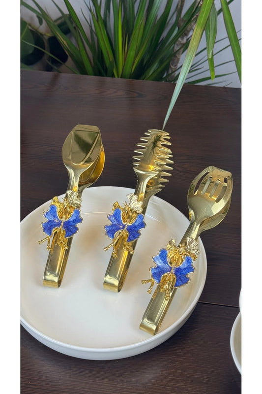 3’Lü Gold Maşa Servis Seti Blue Butterfly