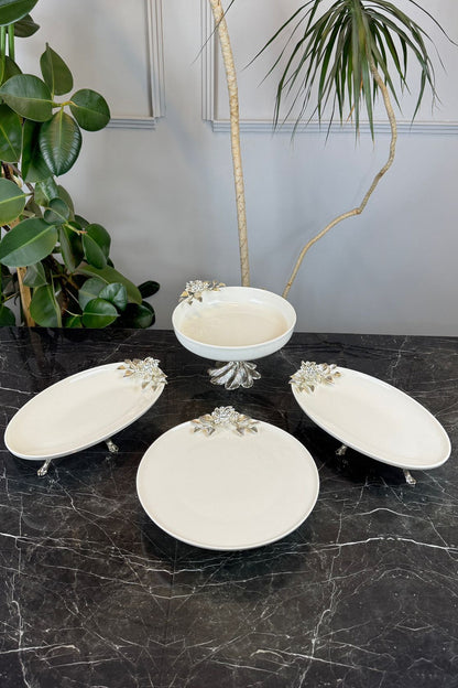 4 Parça Bron Gümüş Porselen Sofra Sunum Servis Seti & Yemek Tabağı Salata Kasesi Oval Meze Tabağı