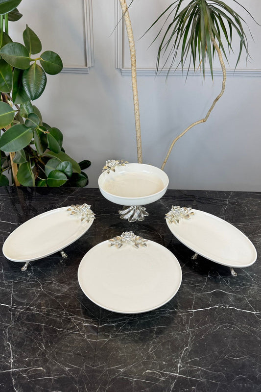 4 Parça Bron Gümüş Porselen Sofra Sunum Servis Seti & Yemek Tabağı Salata Kasesi Oval Meze Tabağı