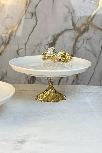 2'Li Porselen Gold Metal Ayaklı Sunumluk Servislik & Papatya Detaylı Kuabiyelik Pasta Standı