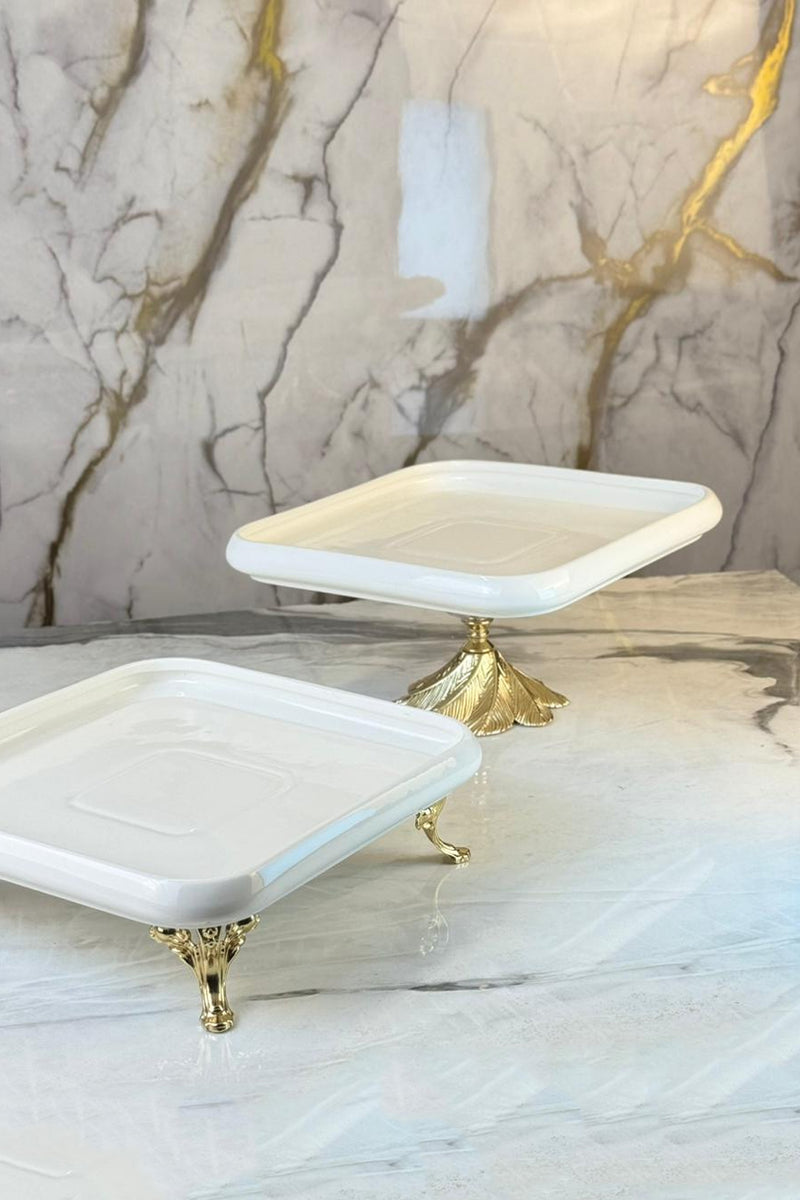2'Li Porselen Modern Ayaklı Sunum Tabağı Seti