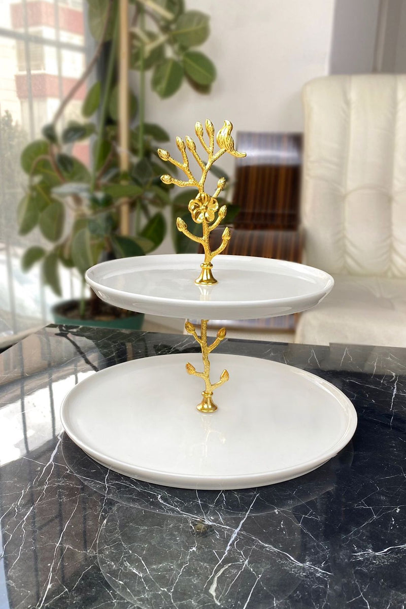 2 Katlı Porselen Gold Detaylı Kurabiyelik Sunumluk Tabak