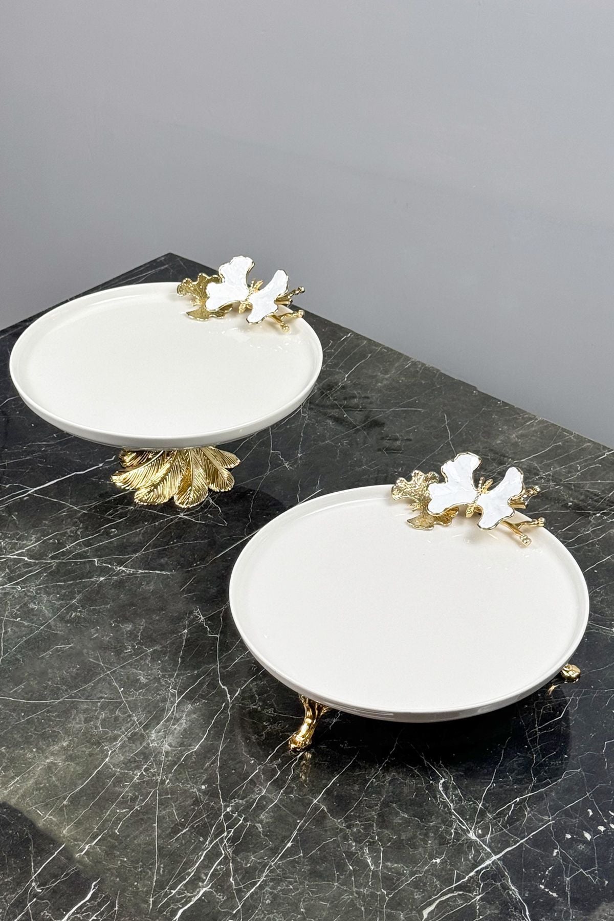 White Butterfly 2'Li Gold Ayaklı Porselen Tabak Seti
