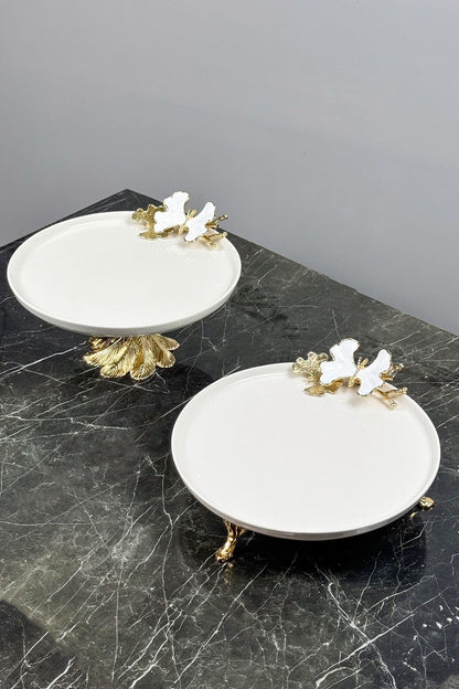 White Butterfly 2'Li Gold Ayaklı Porselen Tabak Seti