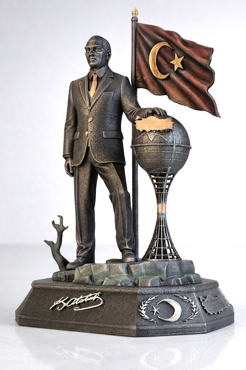 Atatürk Eli Dünya Üzerinde Arkası bayraklı Dekoratif biblo Bakır